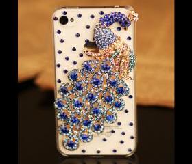 FREE SHIPPING best iPhone 4S 4 clear case rhinestones crystals Peacock bird Transparent cover