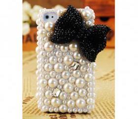 FREE SHIPPING iPhone 4S 4G Girly Black Bow Popular Pearl Rhinestone Crystals Back Case Cover