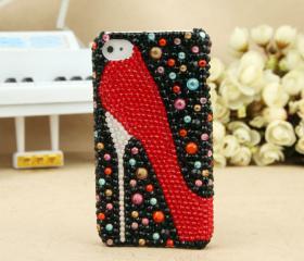 FREE SHIPPING iPhone 4S 4G Artificial Swarovski Rhinestone Bling Red Shoe Black Crystals Case