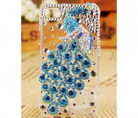 FREE SHIPPING Best iphone 4S 4G case blue peacock clear cover rhinestone bling crystals for girls