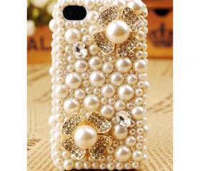 FREE SHIPPING iPhone 4S 4G Pearl Flower Artificial Rhinestone Crystals Case Cover for girls
