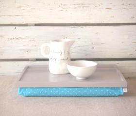  Laptop Lap Desk or Breakfast serving Tray - Soft grey with Aqua and White polka Dots - Custom Order