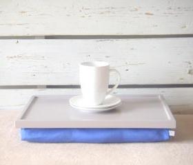  Breakfast serving or Laptop Lap Desk- Soft Grey with Blue Linen farbric- Custom Order