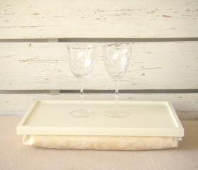  Laptop Lap Desk or Breakfast serving Tray - Off White with Ivory Jacquard fabric pillow with pattern- Custom Order