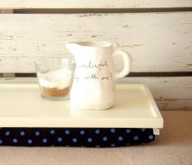 Wooden Laptop Lap Desk or Breakfast serving Tray - Ecru white with Black and Blue polka dot fabric - Custom Order