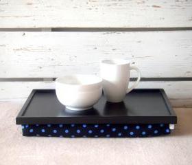  Wooden Laptop Lap Desk or Breakfast serving Tray - Black white with Black and Blue polka dot fabric - Custom Order