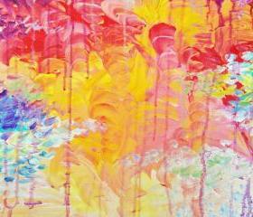 Lovely Abstract FREE SHIPPING Acrylic Painting Sun Rain Shower Bold Colors Pastel Original Artwork Cheerful Art Xmas Gift Under 100
