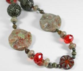 autumn fall inspired beaded necklace green brown orange