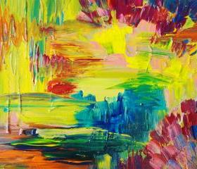 Abstract Acrylic Painting, Bright Bold Color 16 x 20 FREE SHIPPING Impasto Rainbow, Teal Blue, Neon Orange Yellow Magenta Xmas Gift