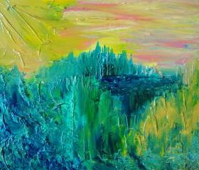 Dream Abstract Acrylic Painting FREE SHIPPING Impasto Landscape 16 x 20 Green Forest Trees, Nature Pink Yellow Peach Kelly Green Teal