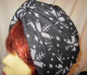 Warm and Cozy Black Gray Snowflakes Soft Knit Chemo Turban Head Cap Alopecia Hijab-FREE Shipping in the US