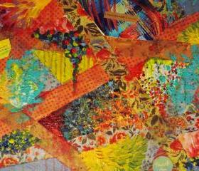 Stunning Mixed Media Abstract Acrylic Fabric Collage, FREE SHIPPING Bold Colorful Vibrant Fall Autumn Christmas Gift Wow Home Decor