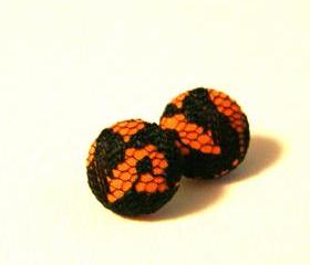 Orange and Black Button Covered Stud Earrings