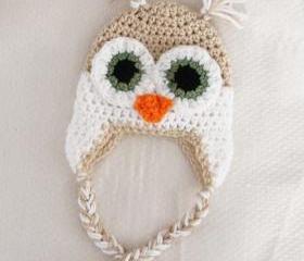 Crochet Baby Owl Ear Flap Hat Newborn to 12 months