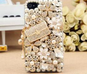 FREE SHIPPING Worldwide Apple iPhone 4S 4G Bling Crystals Bag White Flower Hard Clear Case Cover