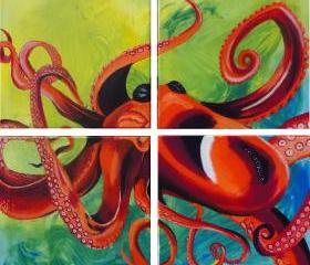 Octopus 4 12x12 inch. canvas home Decor Boys room aquatic abstract