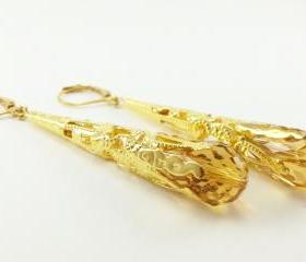 Honey Gold Earrings Long Dangle Earrings Gold Jewelry Golden Filigree Earrings
