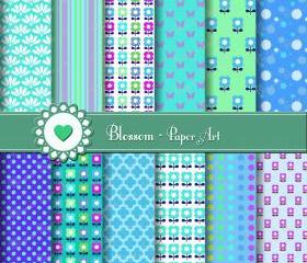 Digital Paper - Blue Green Violet Turquoise - Flowers - DIY Projects - Personal and Commercial Use - 1384