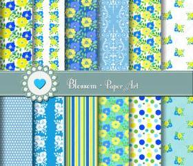 Digital Scrapbooking Paper - Flowers - Blue Yellow Turquoise Green - Personal and Commercial Use - 1386