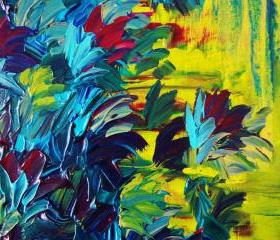 Floral Abstract Painting, FREE SHIPPING Flower Acrylic Art, 12 x 12 Beautiful Purple Blue Green Seafoam Lime Magenta Yellow