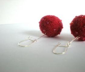 Christmas Bauble Earrings - Needle Felted Red/Pink Balls