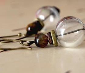 Tiger eye Earrings with hand blown glass with greek ceramic- Country blown glass Earrings.