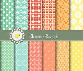 Peach Yellow Green Cute Digital Papers - Scrapbooking - DIY Projects - Personal and Commercial Use - 1400