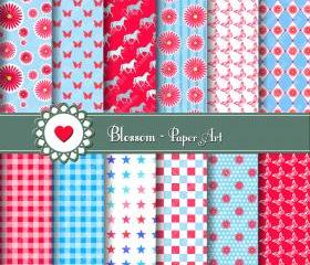 Digital Paper - Scrapbooking - Red - Light Blue - Pink - Printables - DIY Projects - Personal and Commercial Use - 1381