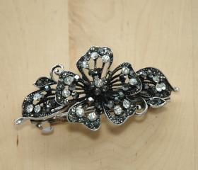Grey White Rhinestone Flower Barrettes Hair Clips