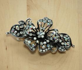 Silver White Rhinestone Flower Barrettes Hair Clip