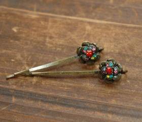 Emerald Red Ruby Rhinestone Flower Bobby Pin
