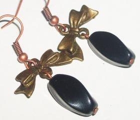 BUY 4 - GET 1 pair earrings FREE..Bronze bow tie black crystal earirngs- affordable gift