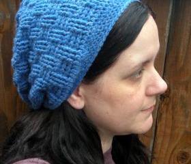 Unisex Basket Weave Slouch Hat in heather blue, ready to ship.