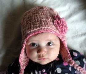 Infant Basket Weave Crochet Earflap Hat with cotton rose appliqe in pink , infants 3-9 months, ready to ship.