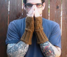 Unisex fingerless gloves wrist warmers in toasted honey, basket weave, ready to ship.