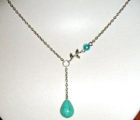 Branch leaaf and turquoise drop necklace