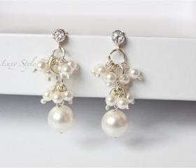 Cluster Earrings, Sterling Silver Dangle Earrings, Swarovski Pearl Earrings, Bridal Jewelry