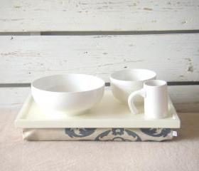 Breakfast serving Tray or Laptop Lap Desk- Off White with Linen fabric, printed with Grey patterns- Custom Order