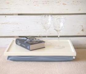 Wooden Laptop Lap Desk or Breakfast serving Tray - Off White with light blue, slighty shinny polyester fabric- Custom Order