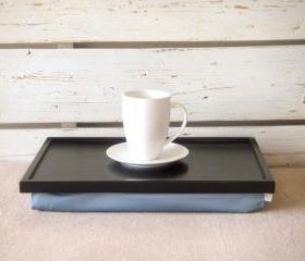 Wooden Laptop Lap Desk or Breakfast serving Tray - Black with light blue, slighty shinny polyester fabric- Custom Order