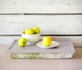 Wood Breakfast serving or Laptop Lap Desk- Soft grey with White and Green Vintage flower printed Linen Pillow