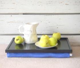 Breakfast serving or Laptop Lap Desk- Black with Blue Linen farbric- Custom Order