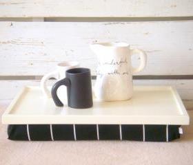 Laptop Lap Desk or Breakfast serving Tray - Off White with Black and White striped Jersey fabric PIllow - Custom Order