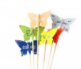 6 Party Sticks Cake Toppers, Big Rainbow Colorful Butterflies
