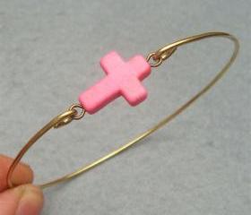 Pink Turquoise Cross Brass Bangle Bracelet
