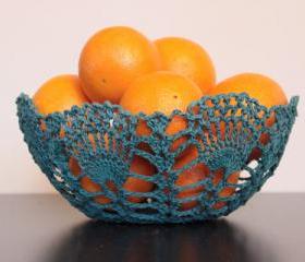 Crochet Lace Doily Bowl Basket Teal