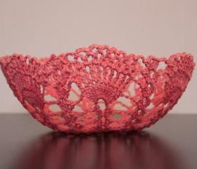 Decorative Centerpiece Bowl Crochet Basket Lace Doily Coral