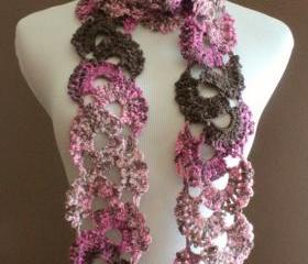 Crochet Queen Annes Lace Scarf Seashell Ombre Varigated Multicolor Pink and Brown