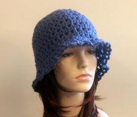 Crochet Hat Blue Summer Beach Floppy Wide Brim