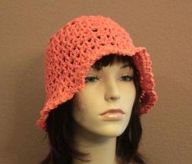 Womens Crochet Hat Tangerine Orange Summer Beach Floppy Wide Brim